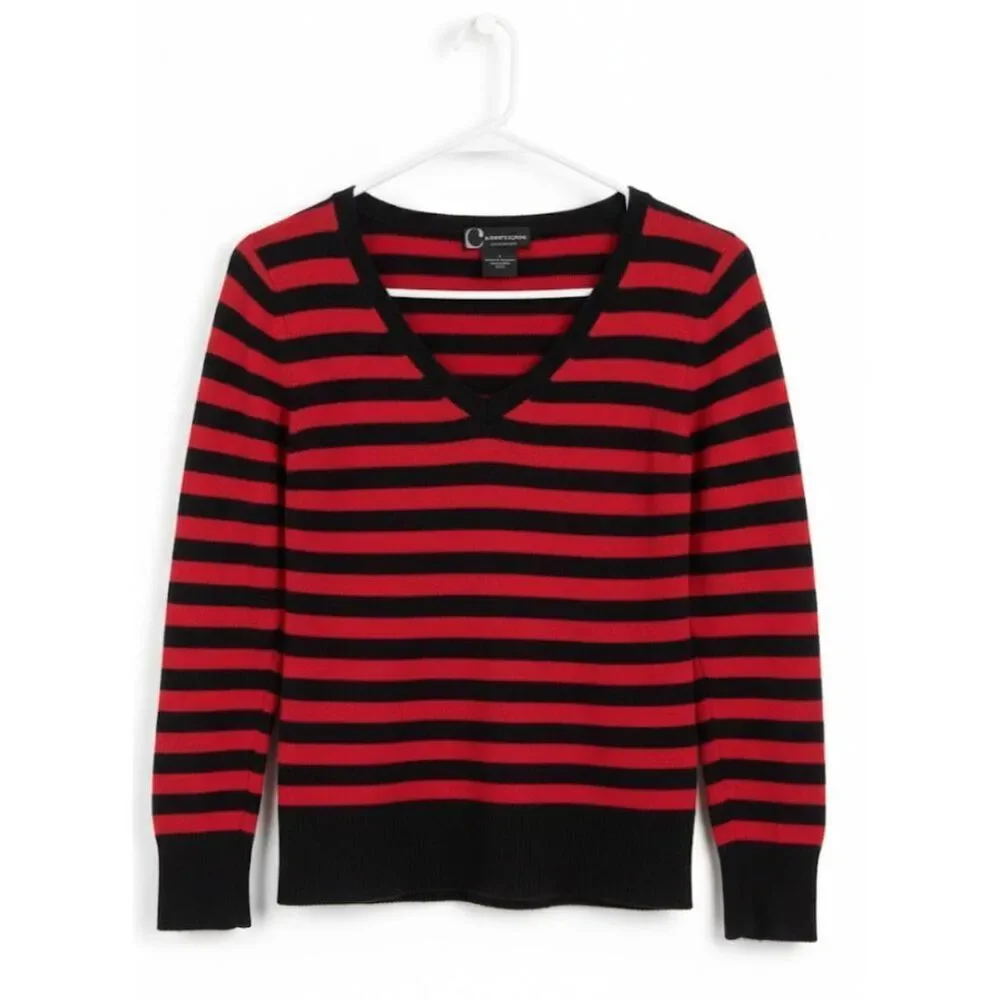Bloomingdale's womens small sweater 2 PLY cashmere red blue stripe lightweight